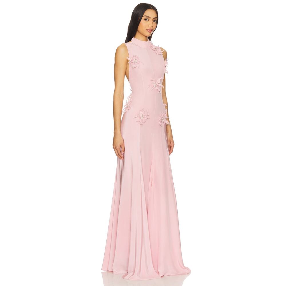 La Fuori 3D Floral Applique Ostrich Feather Pink Silk Backless Dress NWT $780 S - Picture 8 of 8